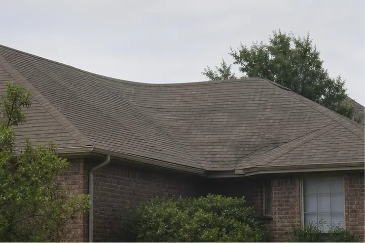 Roof plane with a visible sagging or dipping area.
